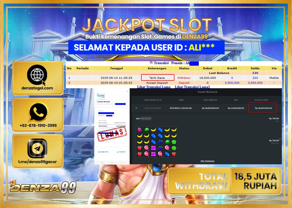 DENZA99 JACKPOT SWEET BONANZA Rp.18.500.000.,- LUNAS